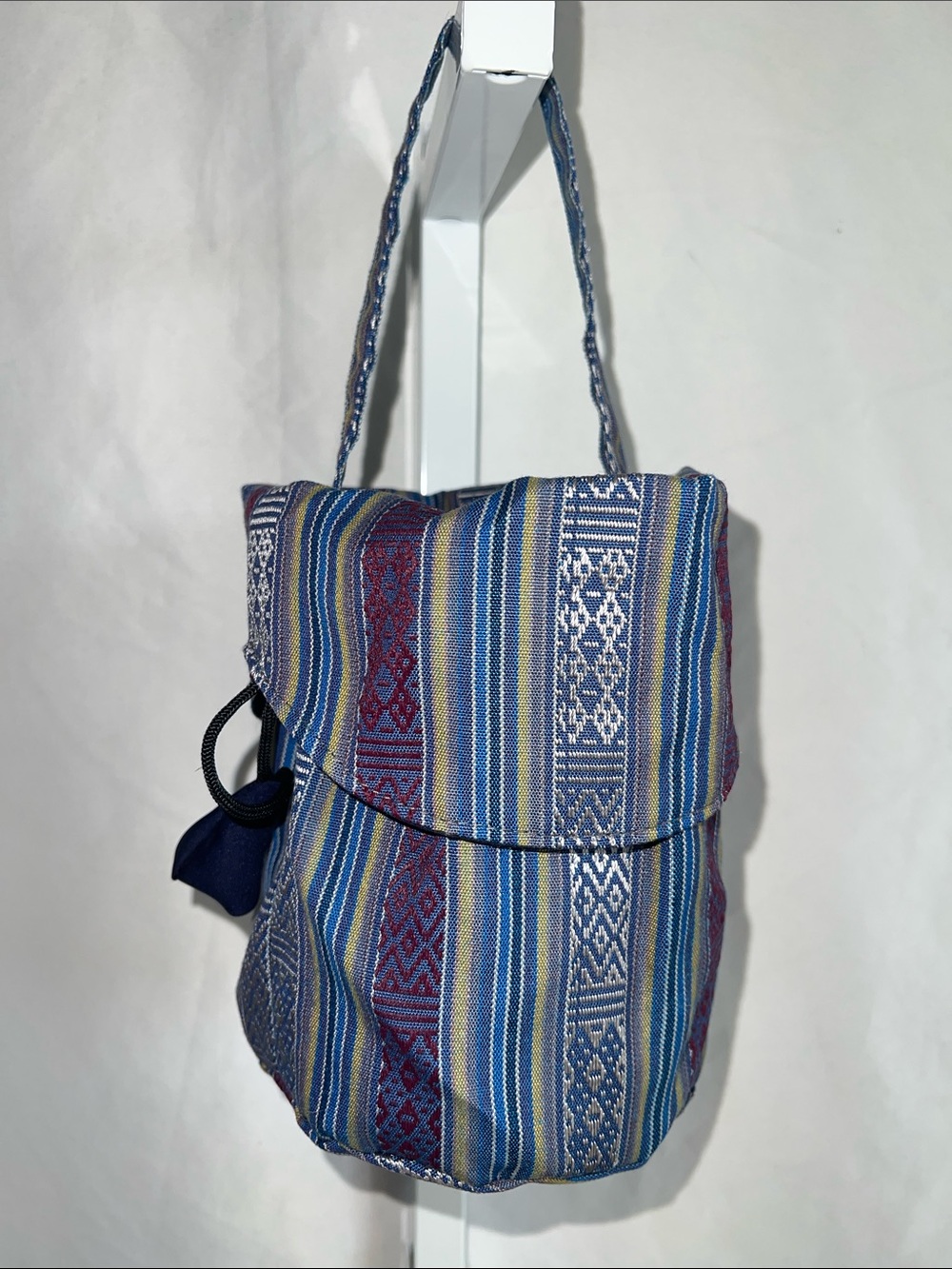 Woven Blue Multi-Stripe Drawstring Bag with Flap on Front & Back Silk Pullstring